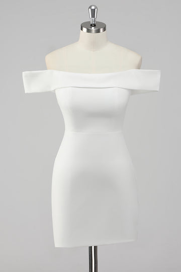 White Satin Off the Shoulder Sheath Short Graduation Dress